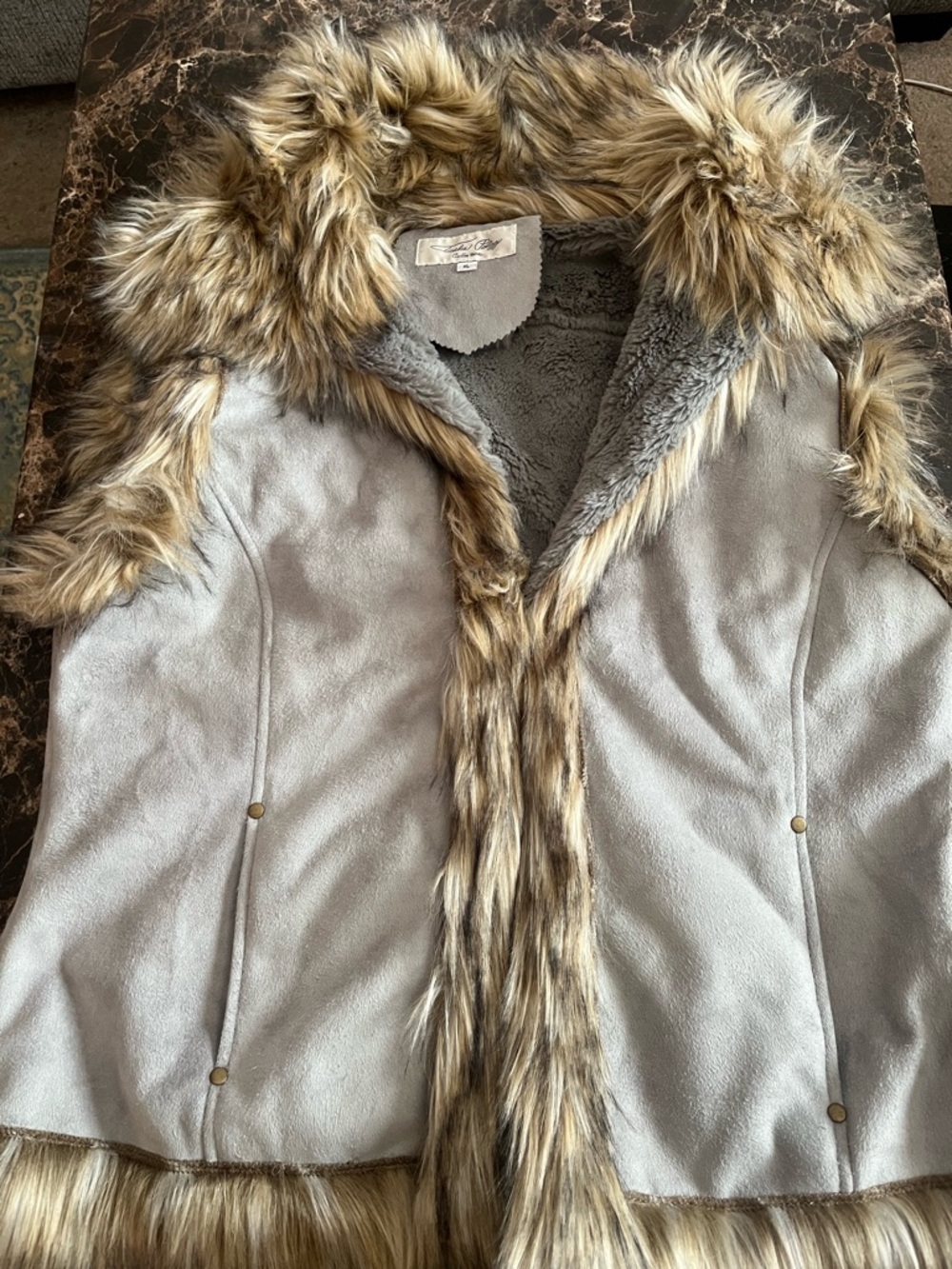 Tasha Polizzi Gray Teddy vest with Faux Fur Trim